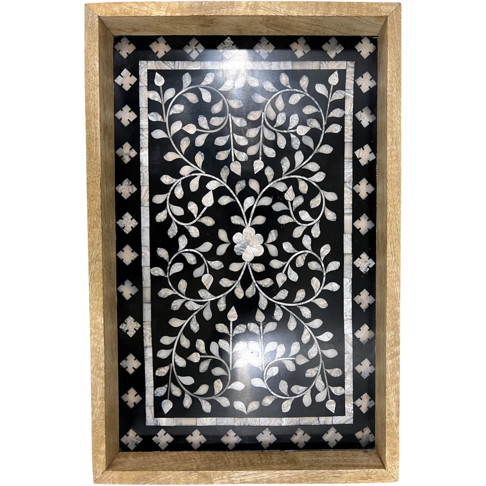 Mother of Pearl Inlay Serving Tray - Handcrafted Black Wooden 17x11 Inch