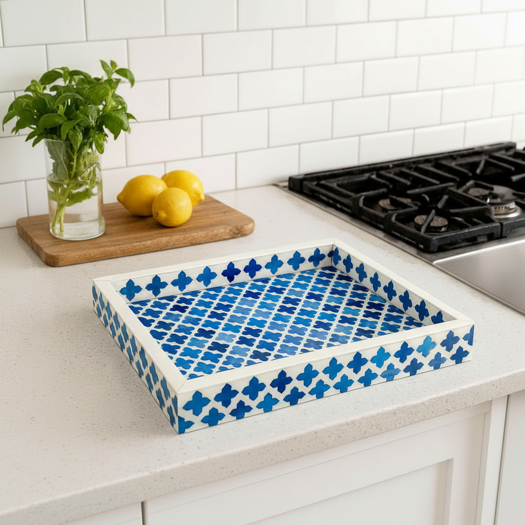 Moorish Moroccan Pattern Wooden Serving Tray - Bone Inlay Coffee Table 12x9 Inch