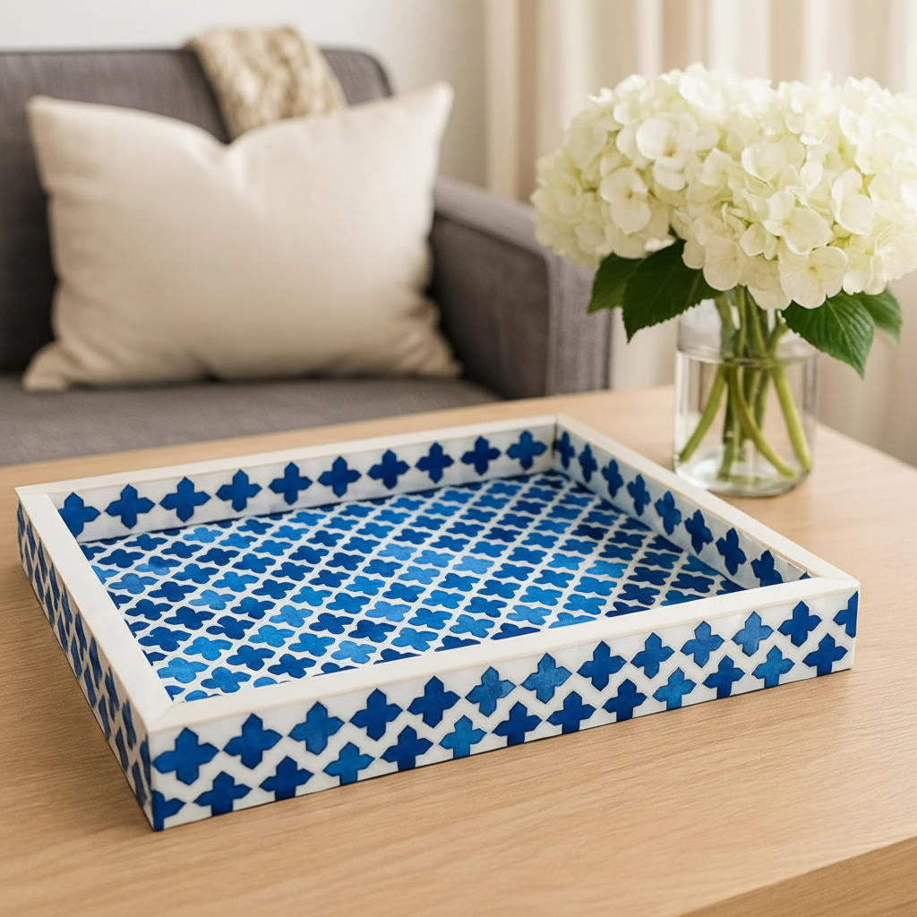 Moorish Moroccan Pattern Wooden Serving Tray - Bone Inlay Coffee Table 12x9 Inch