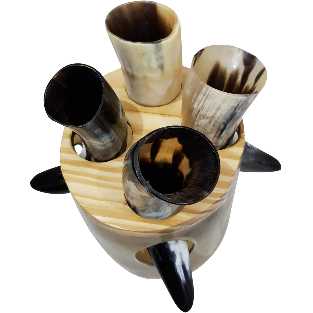Viking Drinking Horn with Stand Set of 4 - Authentic Norse Ale Cups