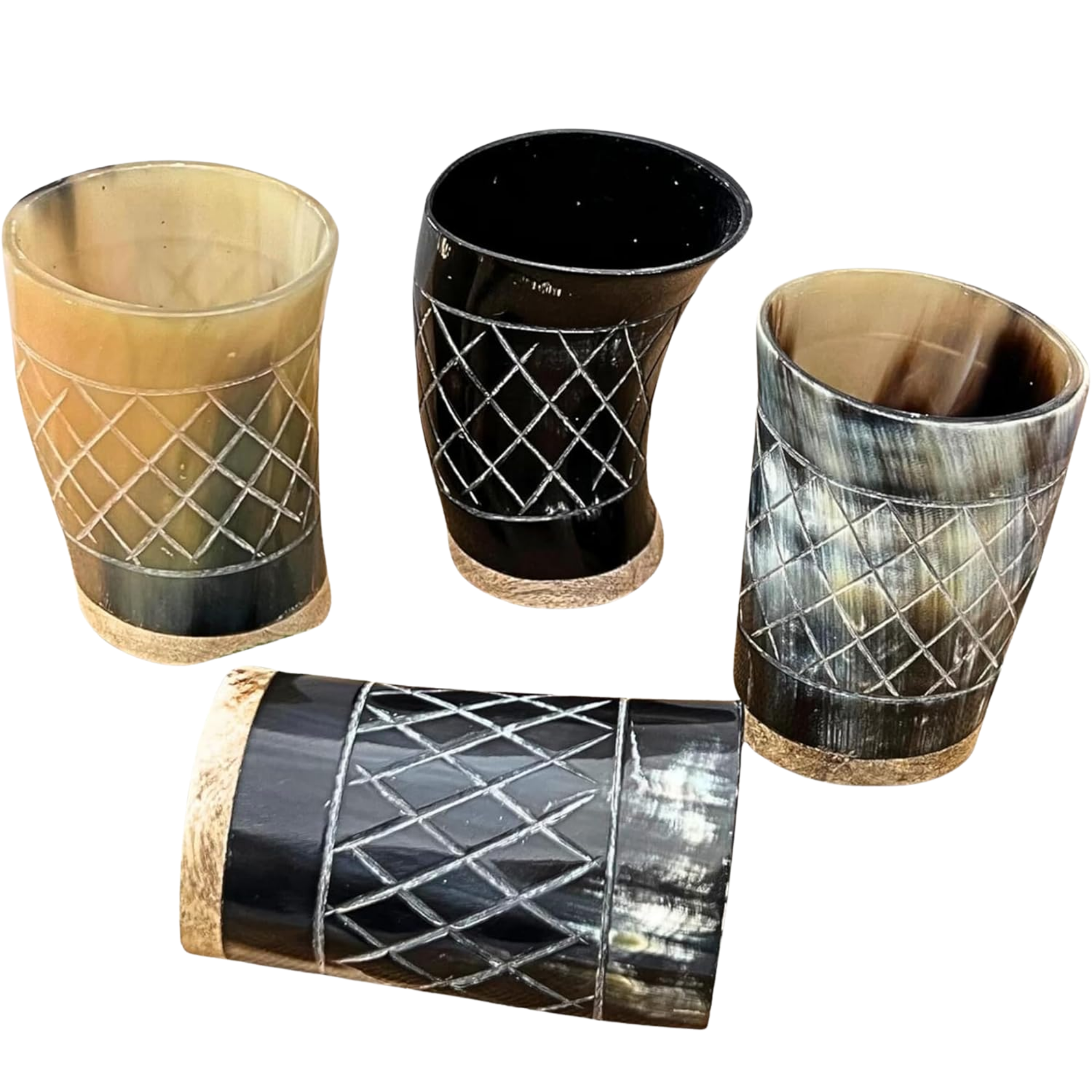 Viking Horn Shot Glasses Set of 4 - 100ml Carved Norse Medieval Ale Tumblers
