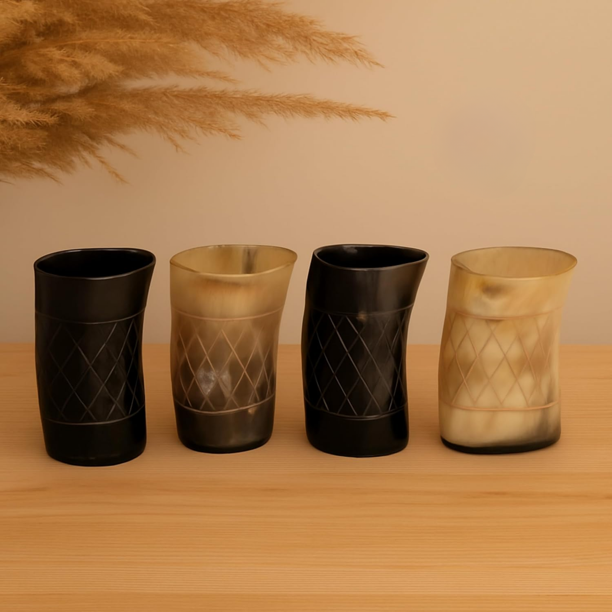 Viking Horn Shot Glasses Set of 4 - 100ml Carved Norse Medieval Ale Tumblers