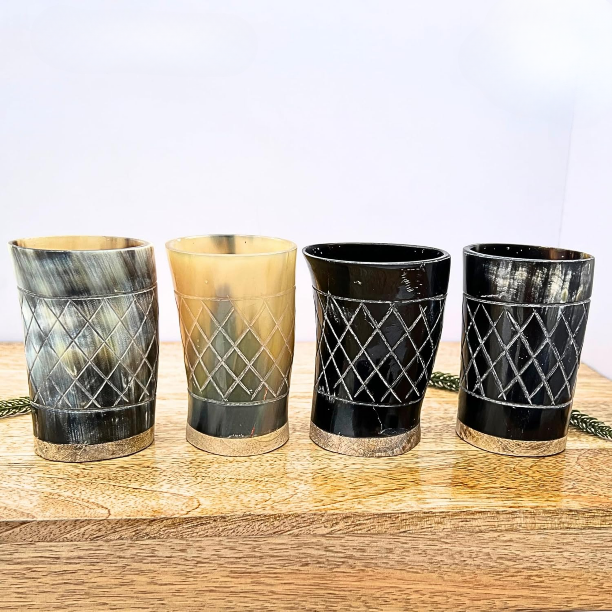 Viking Horn Shot Glasses Set of 4 - 100ml Carved Norse Medieval Ale Tumblers