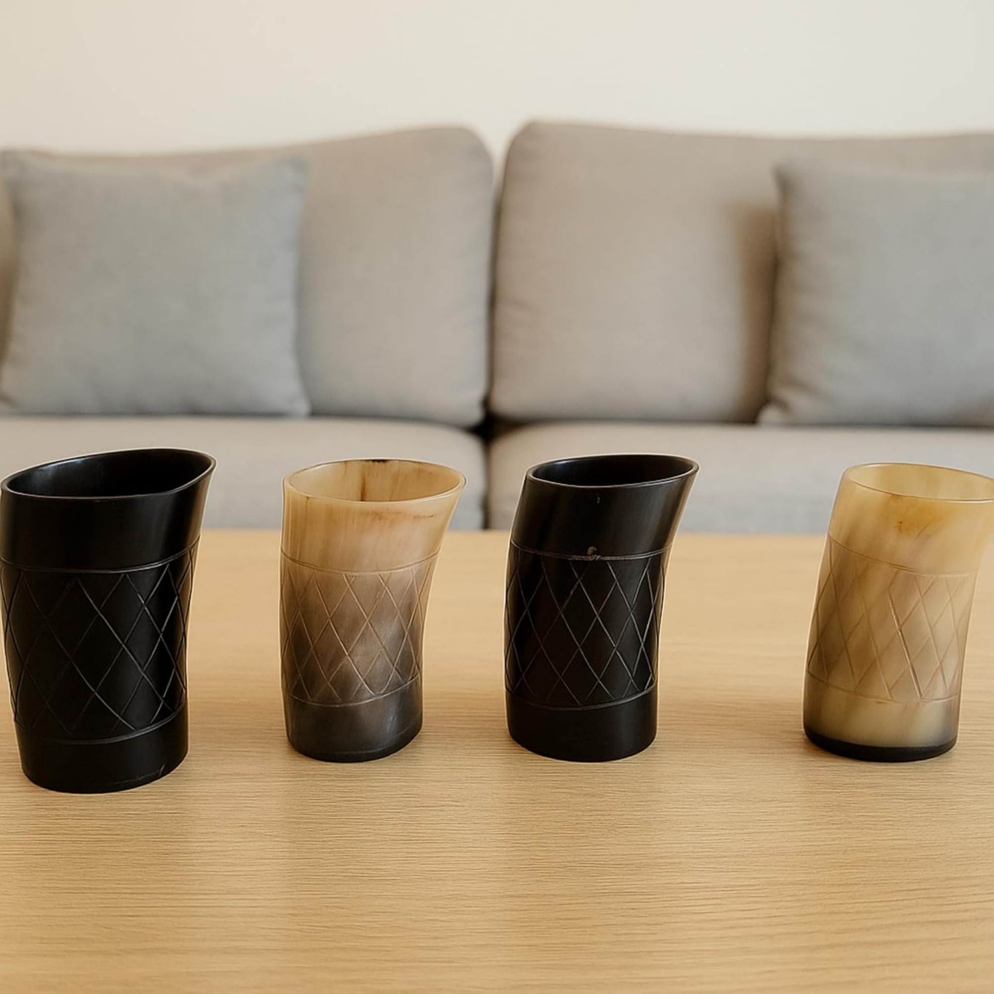 Viking Horn Shot Glasses Set of 4 - 100ml Carved Norse Medieval Ale Tumblers
