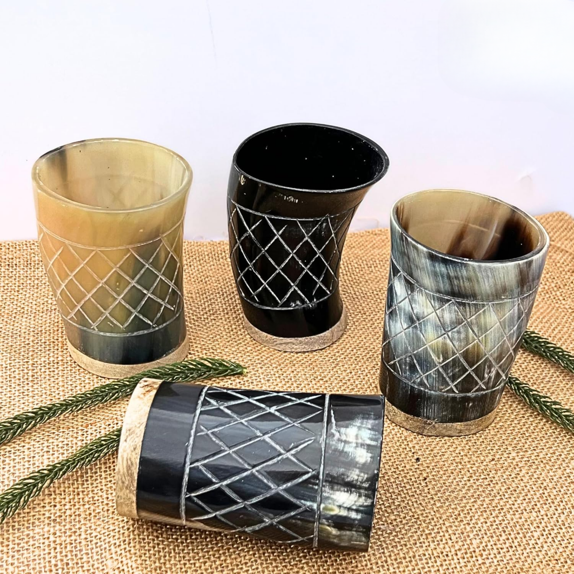 Viking Horn Shot Glasses Set of 4 - 100ml Carved Norse Medieval Ale Tumblers