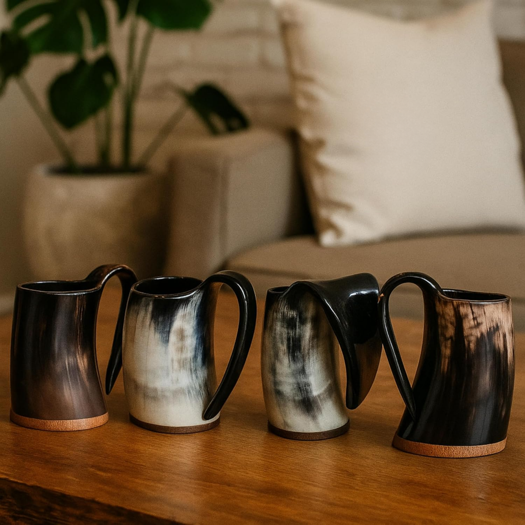 Viking Horn Mugs Set of 4 - Authentic 150ml Grey Horn Drinking Tankards