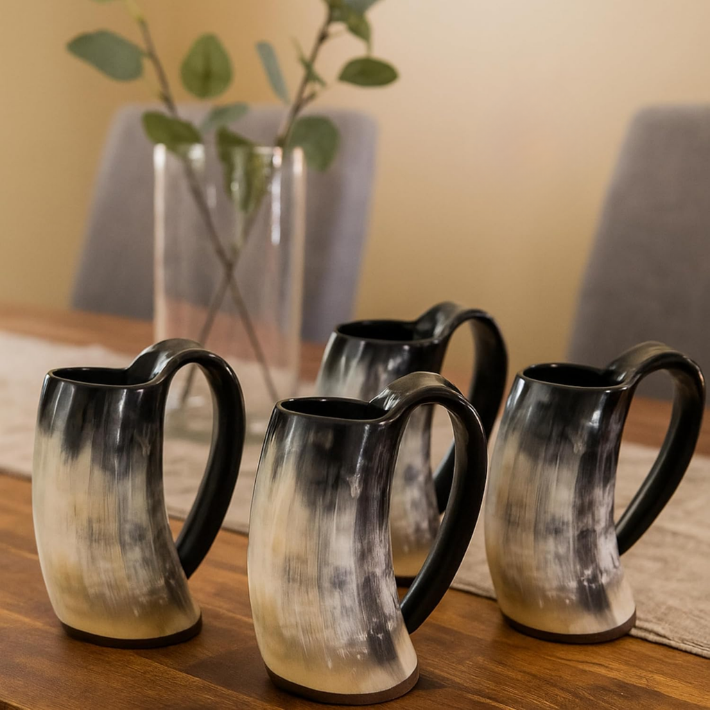 Viking Horn Mugs Set of 4 - Authentic 150ml Grey Horn Drinking Tankards