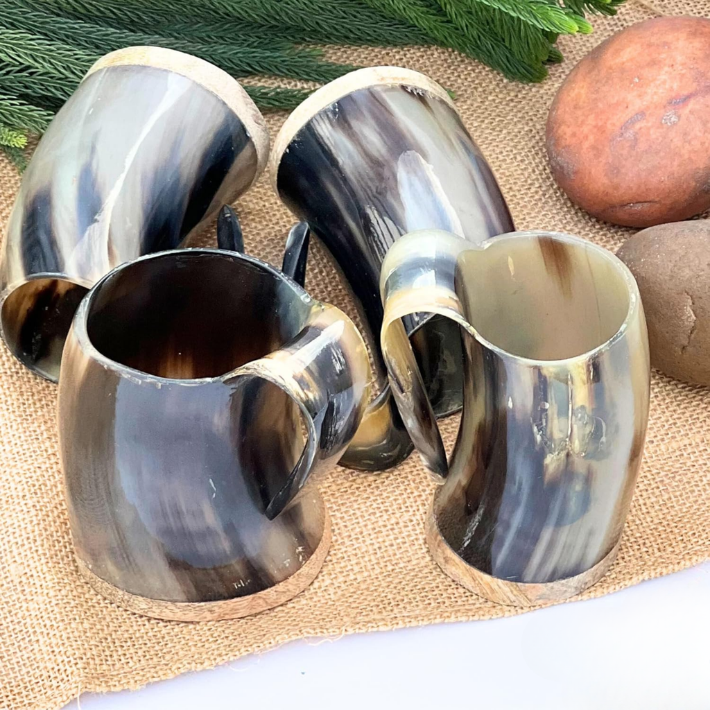 Viking Horn Mugs Set of 4 - Authentic 150ml Grey Horn Drinking Tankards