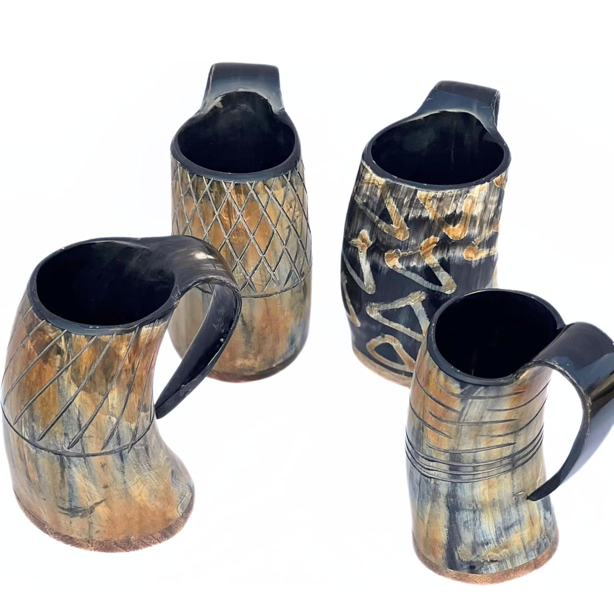 Viking Drinking Horn Mugs Set of 4 - Handcrafted Ox Horn Tankards Wooden Base