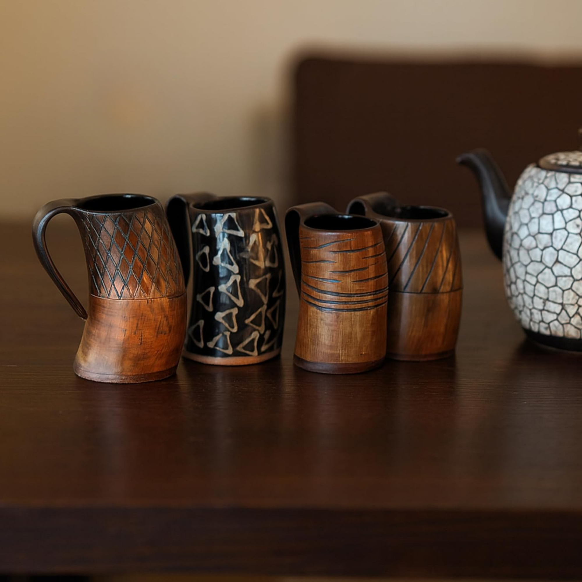 Viking Drinking Horn Mugs Set of 4 - Handcrafted Ox Horn Tankards Wooden Base