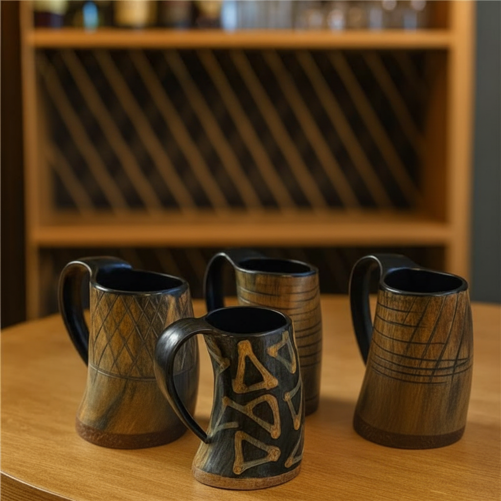 Viking Drinking Horn Mugs Set of 4 - Handcrafted Ox Horn Tankards Wooden Base