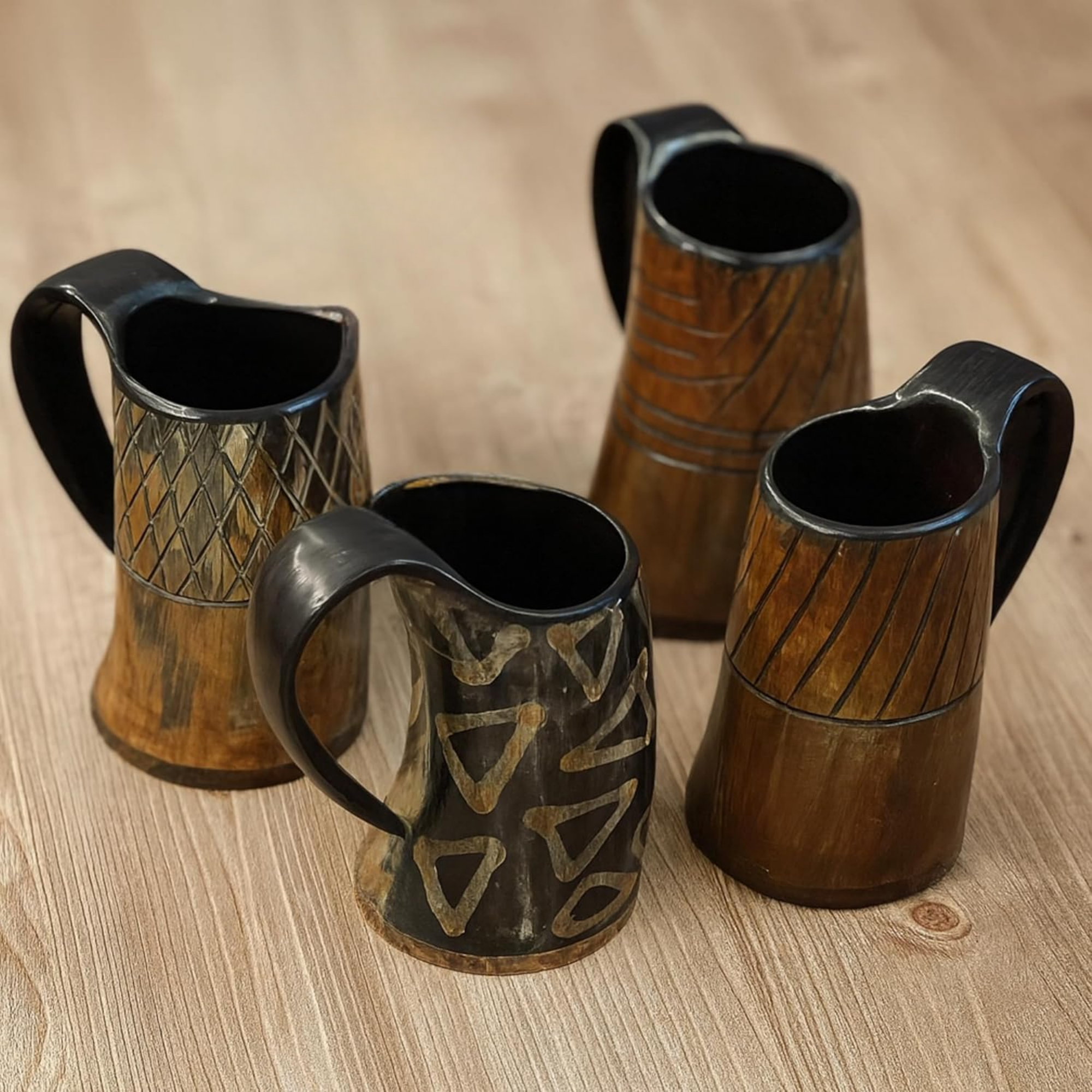 Viking Drinking Horn Mugs Set of 4 - Handcrafted Ox Horn Tankards Wooden Base