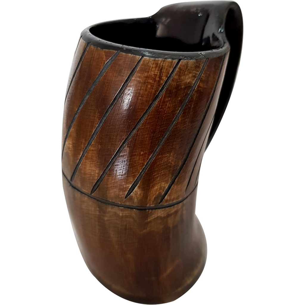 Viking Drinking Horn Mugs Set of 4 - Handcrafted Ox Horn Tankards Wooden Base