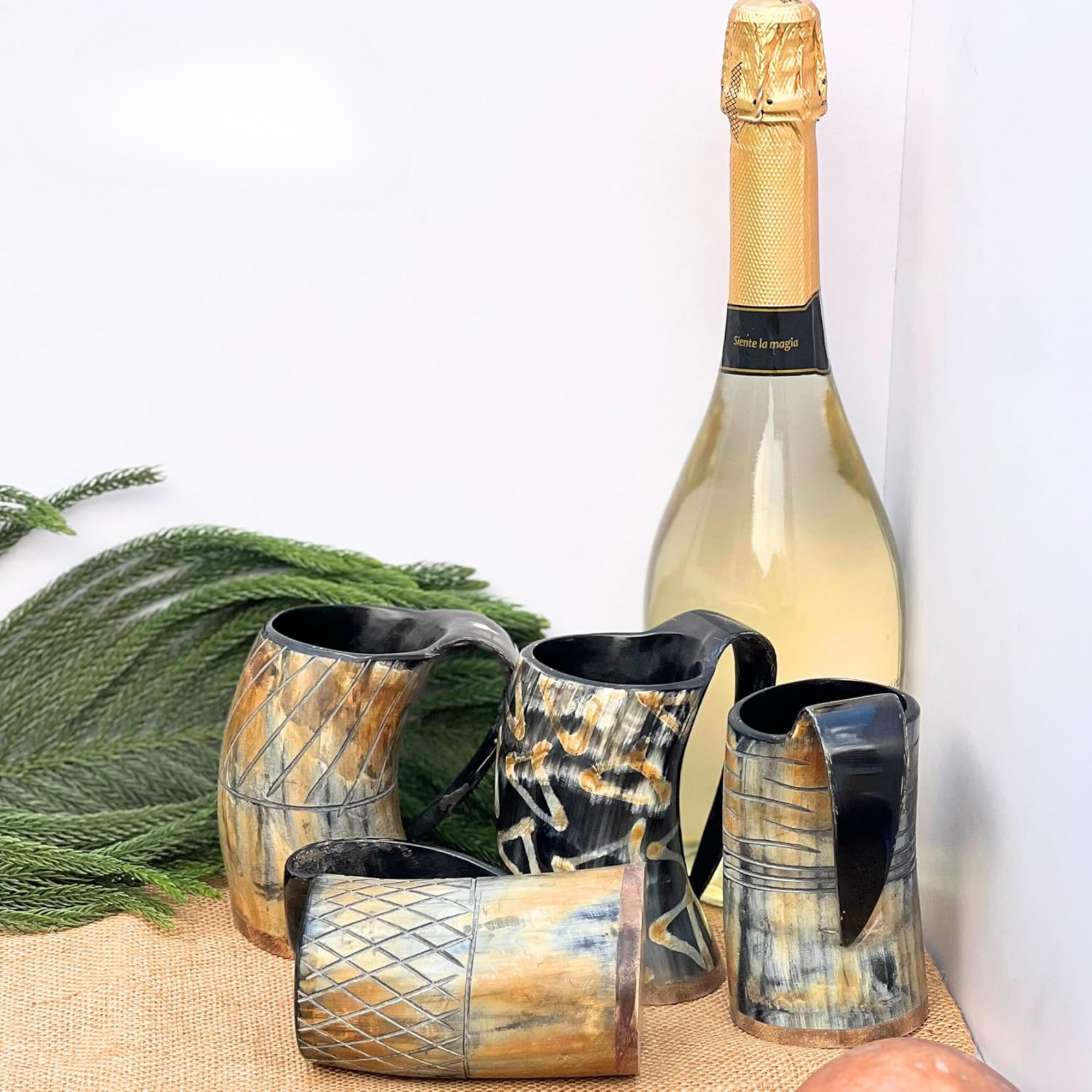 Viking Drinking Horn Mugs Set of 4 - Handcrafted Ox Horn Tankards Wooden Base