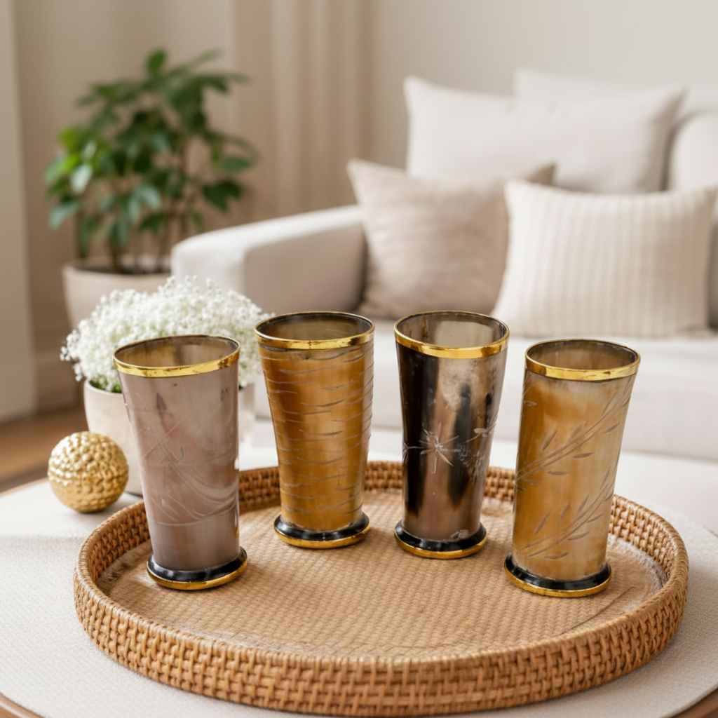 Medieval Horn Mugs Set of 4 - 300ml Handcrafted Viking Drinkware