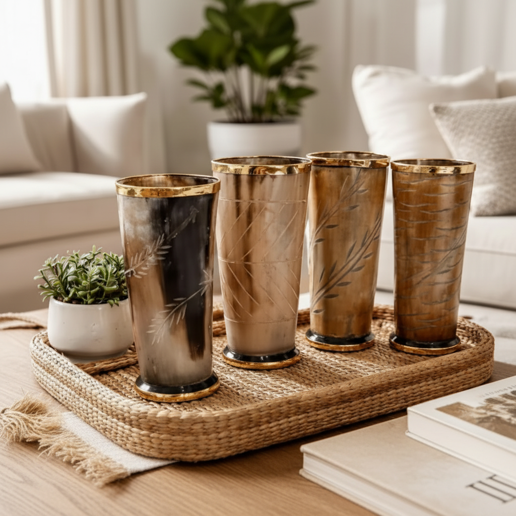 Medieval Horn Mugs Set of 4 - 300ml Handcrafted Viking Drinkware