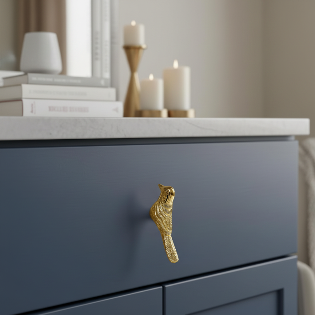 Artisan Brass Bird Knobs – Set of 2 Golden Cabinet Pulls & Decorative Handles for Cupboards, Dressers, Wardrobes and Kitchen Furniture