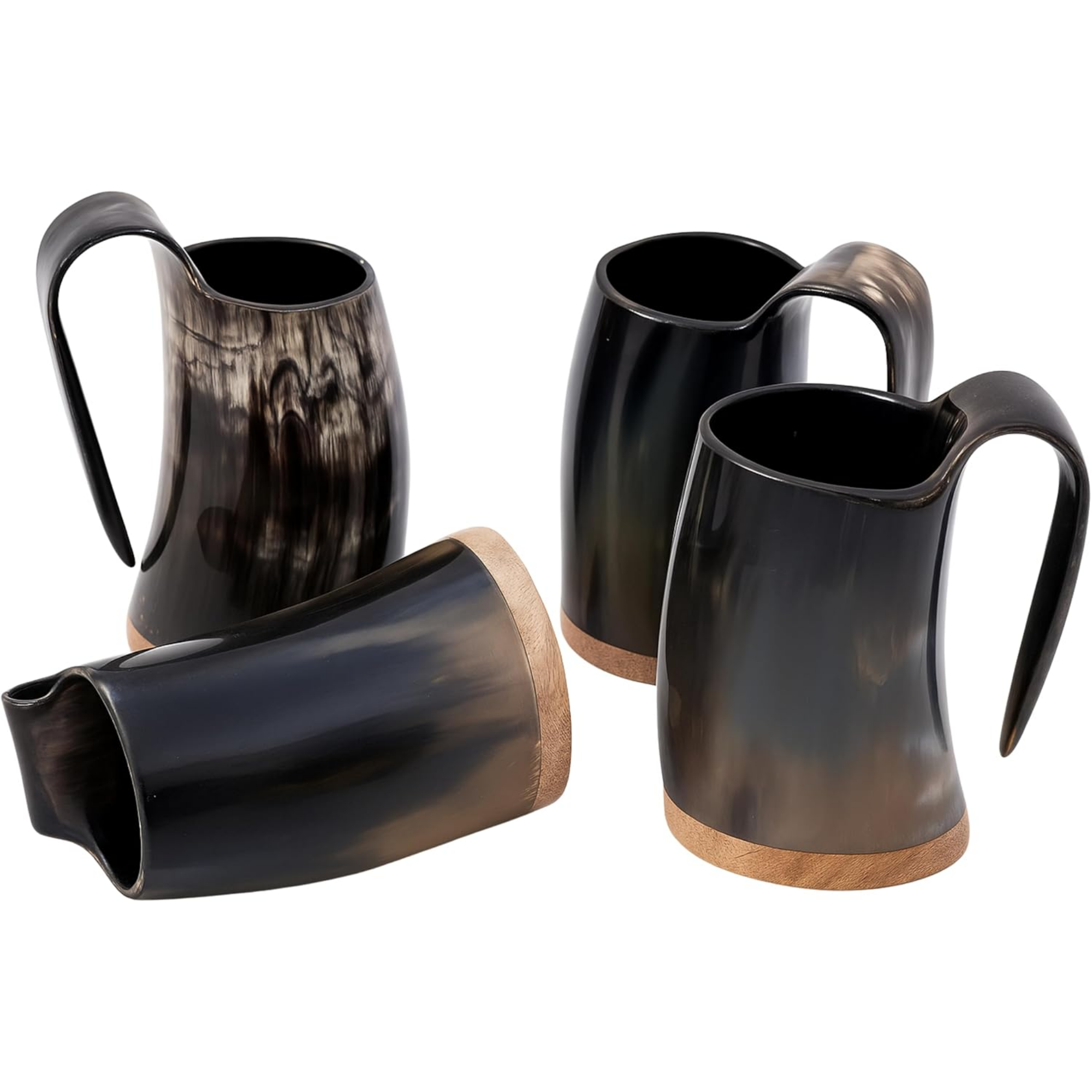 Vintage Viking Horn Mugs Set of 4 - Handmade Grey Ox Horn Tankards 200ml