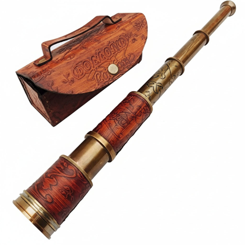 Antique Brass Pirate Telescope 18 Inch - Leather Wrap Handheld Spyglass