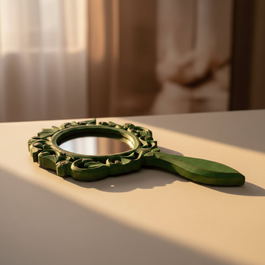 Vintage Green Wooden Handheld Mirror - Rustic Oval Vanity Mirror with Handle