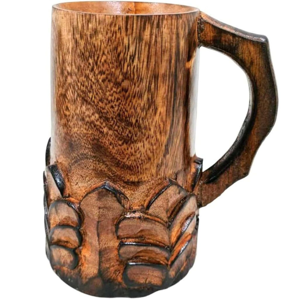 Handcrafted Wooden Mug with Handle - Floral Cut Design Viking Renaissance Tankard