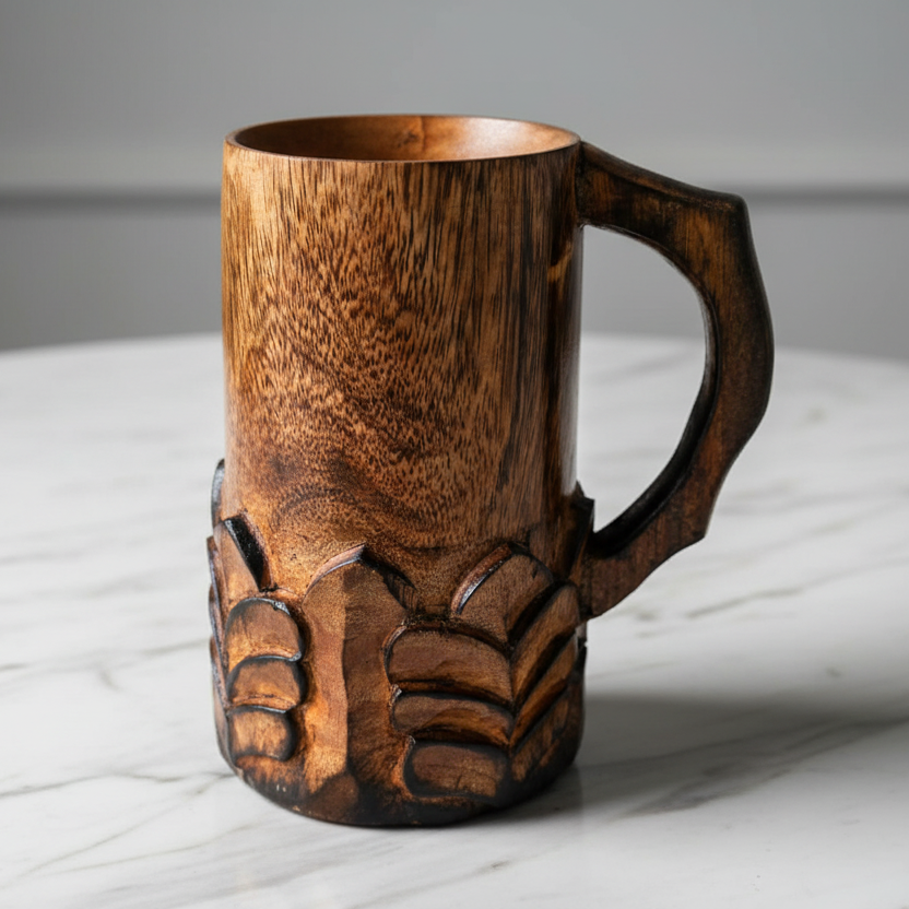 Handcrafted Wooden Mug with Handle - Floral Cut Design Viking Renaissance Tankard