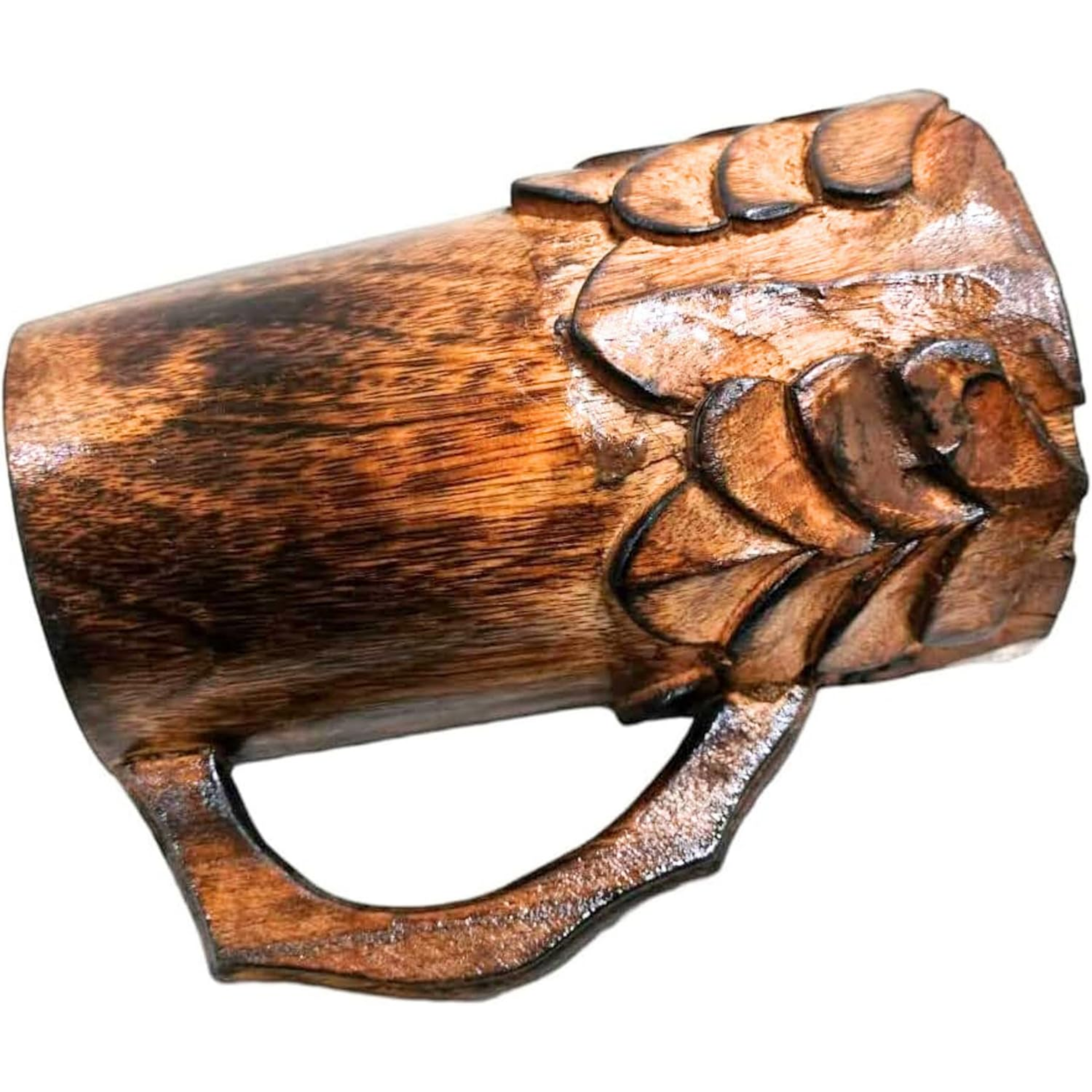 Handcrafted Wooden Mug with Handle - Floral Cut Design Viking Renaissance Tankard