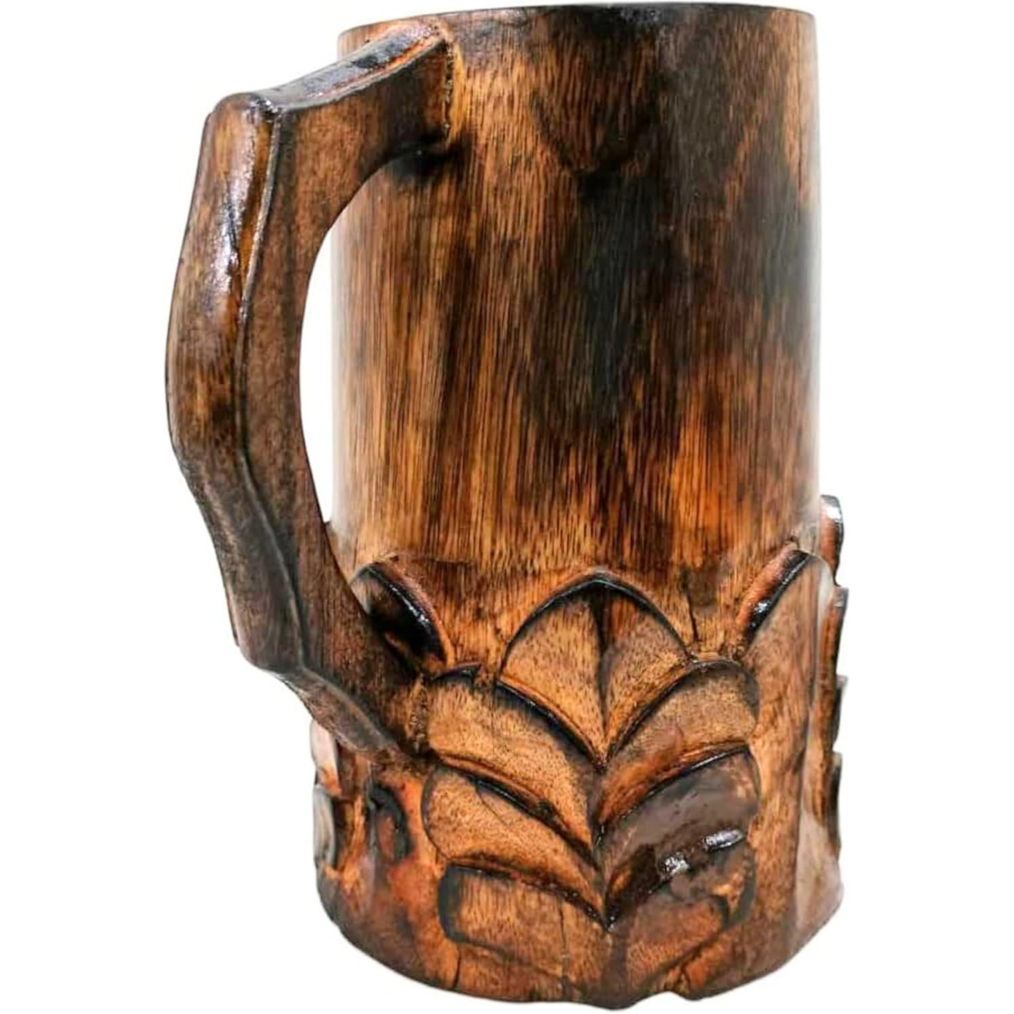 Handcrafted Wooden Mug with Handle - Floral Cut Design Viking Renaissance Tankard