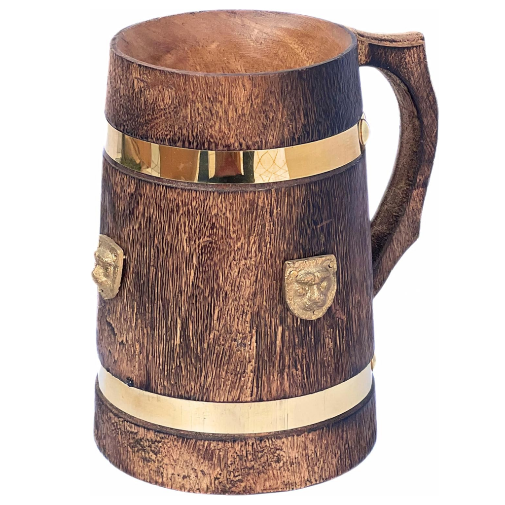 Wooden Mug with Brass Lion Plate - Rustic Medieval Tankard Stein 400ml