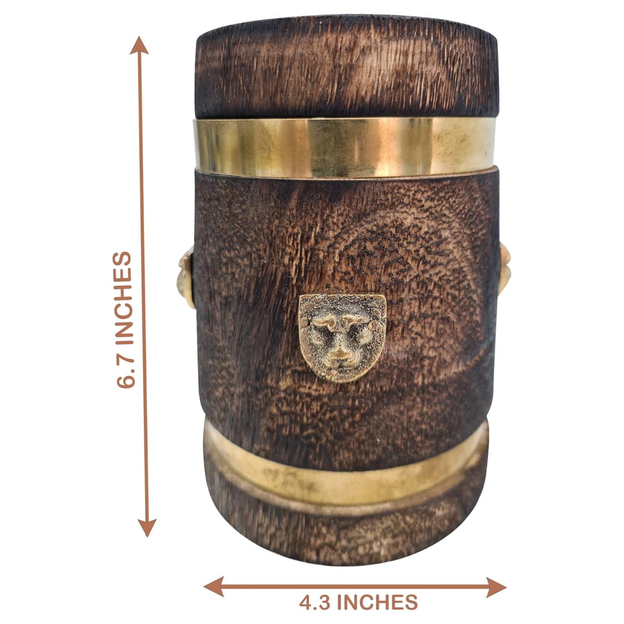 Wooden Mug with Brass Lion Plate - Rustic Medieval Tankard Stein 400ml
