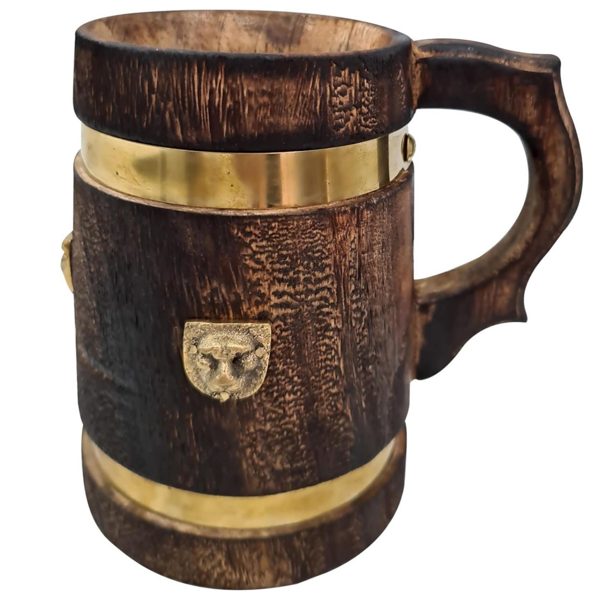 Wooden Mug with Brass Lion Plate - Rustic Medieval Tankard Stein 400ml