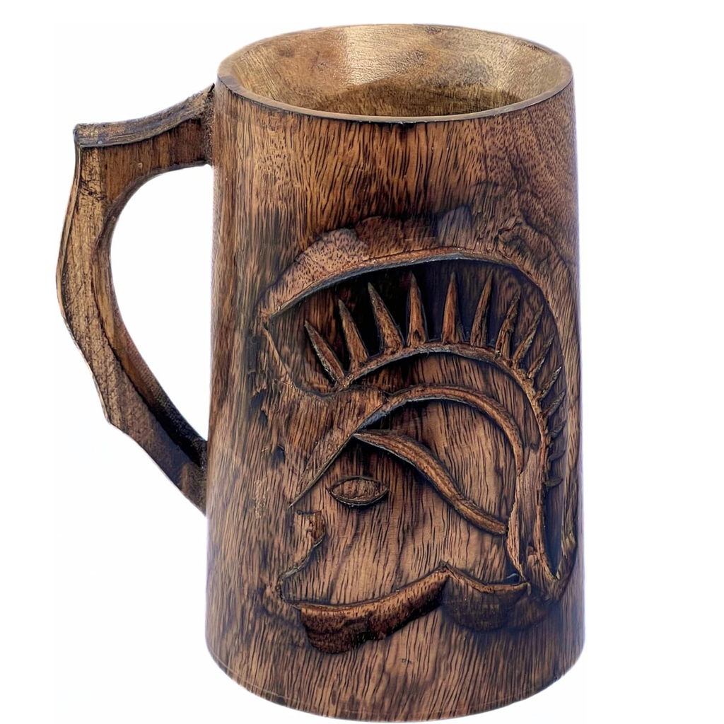 Wooden Mug with Spartan Warrior Helmet - Rustic Mango Wood Viking Tankard 470ml
