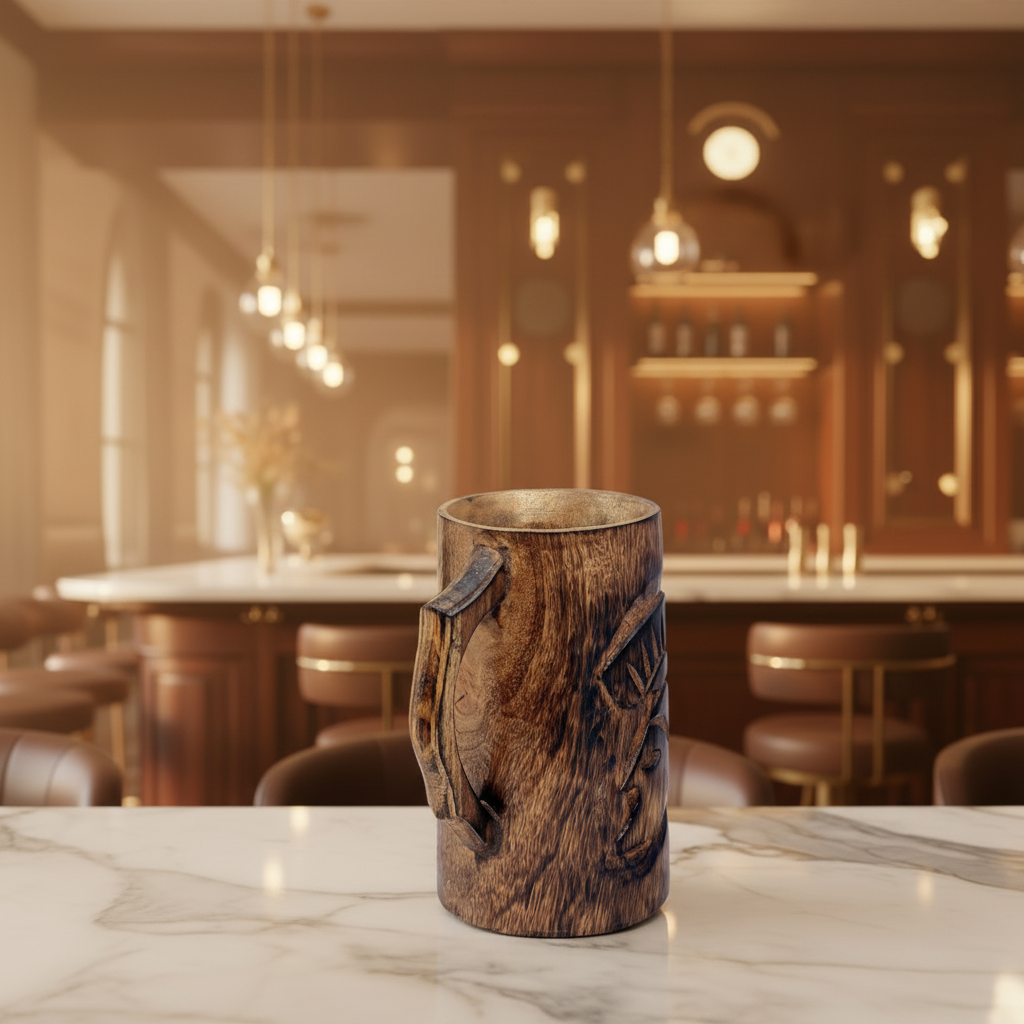 Wooden Mug with Spartan Warrior Helmet - Rustic Mango Wood Viking Tankard 470ml