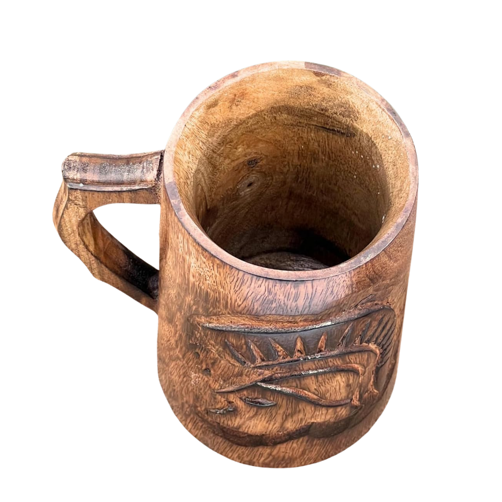 Wooden Mug with Spartan Warrior Helmet - Rustic Mango Wood Viking Tankard 470ml