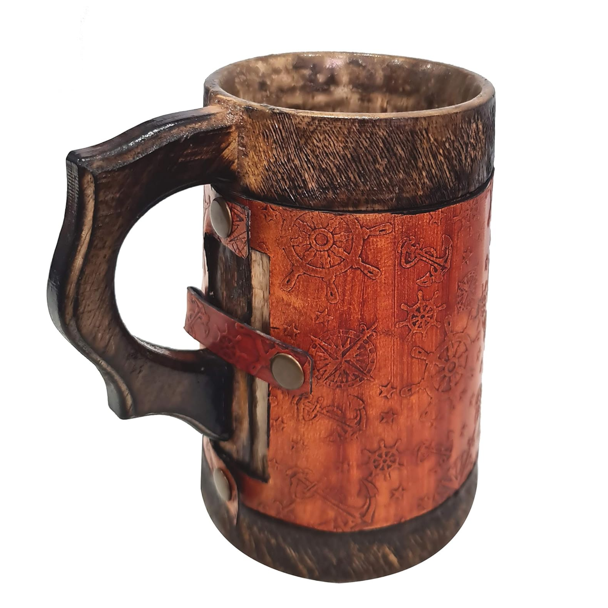 Wooden Mug with Leather Wrap - Hand-Carved Anchor & Ship Wheel Viking Tankard