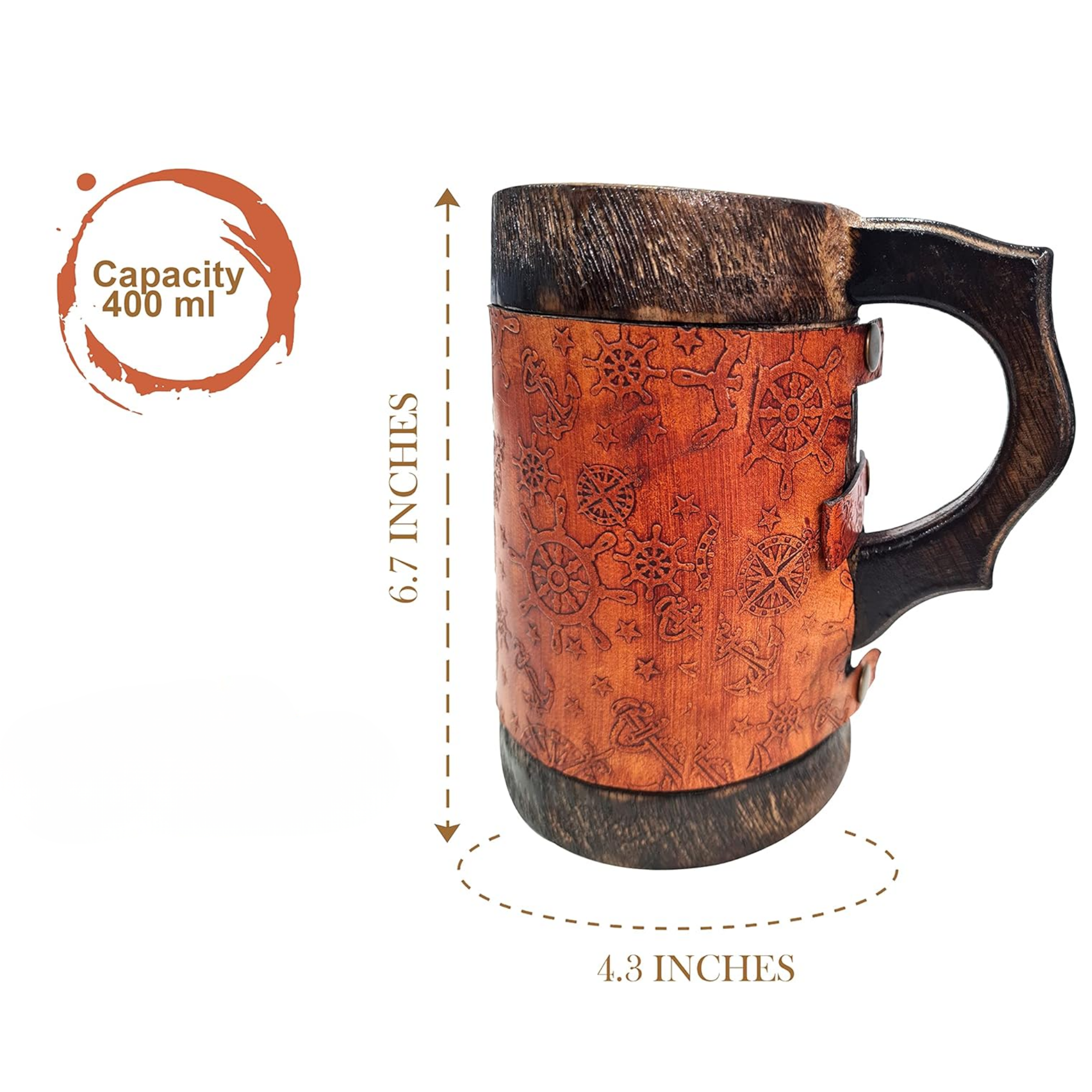 Wooden Mug with Leather Wrap - Hand-Carved Anchor & Ship Wheel Viking Tankard