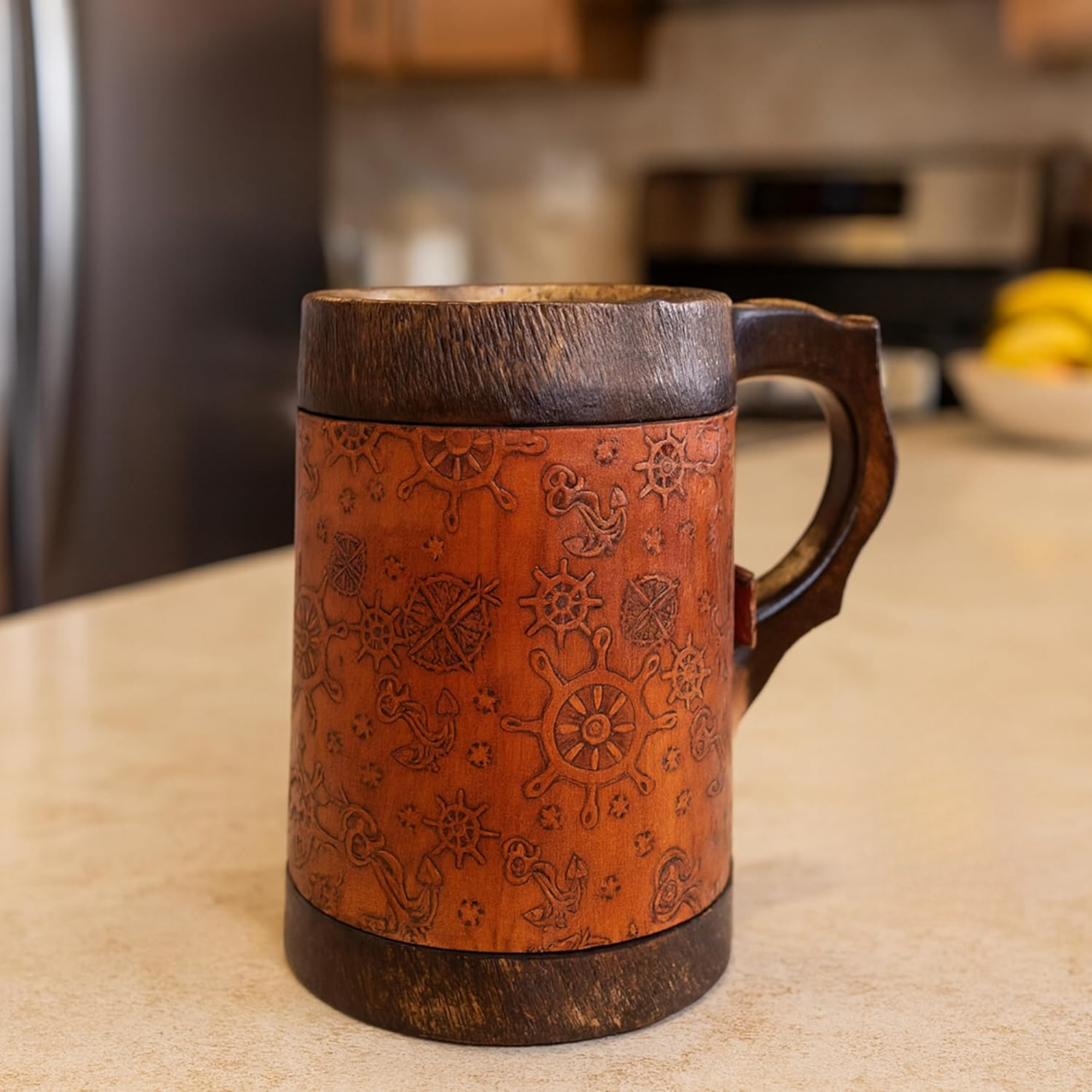 Wooden Mug with Leather Wrap - Hand-Carved Anchor & Ship Wheel Viking Tankard
