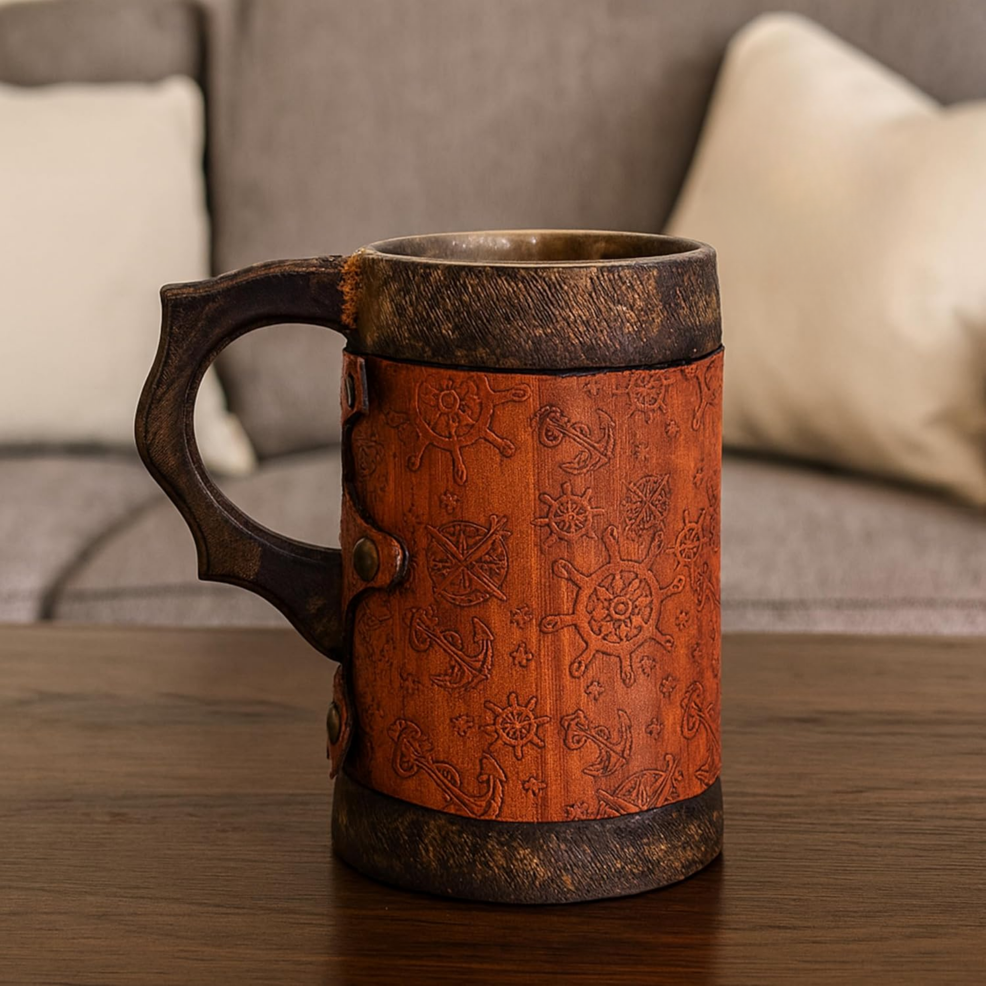Wooden Mug with Leather Wrap - Hand-Carved Anchor & Ship Wheel Viking Tankard