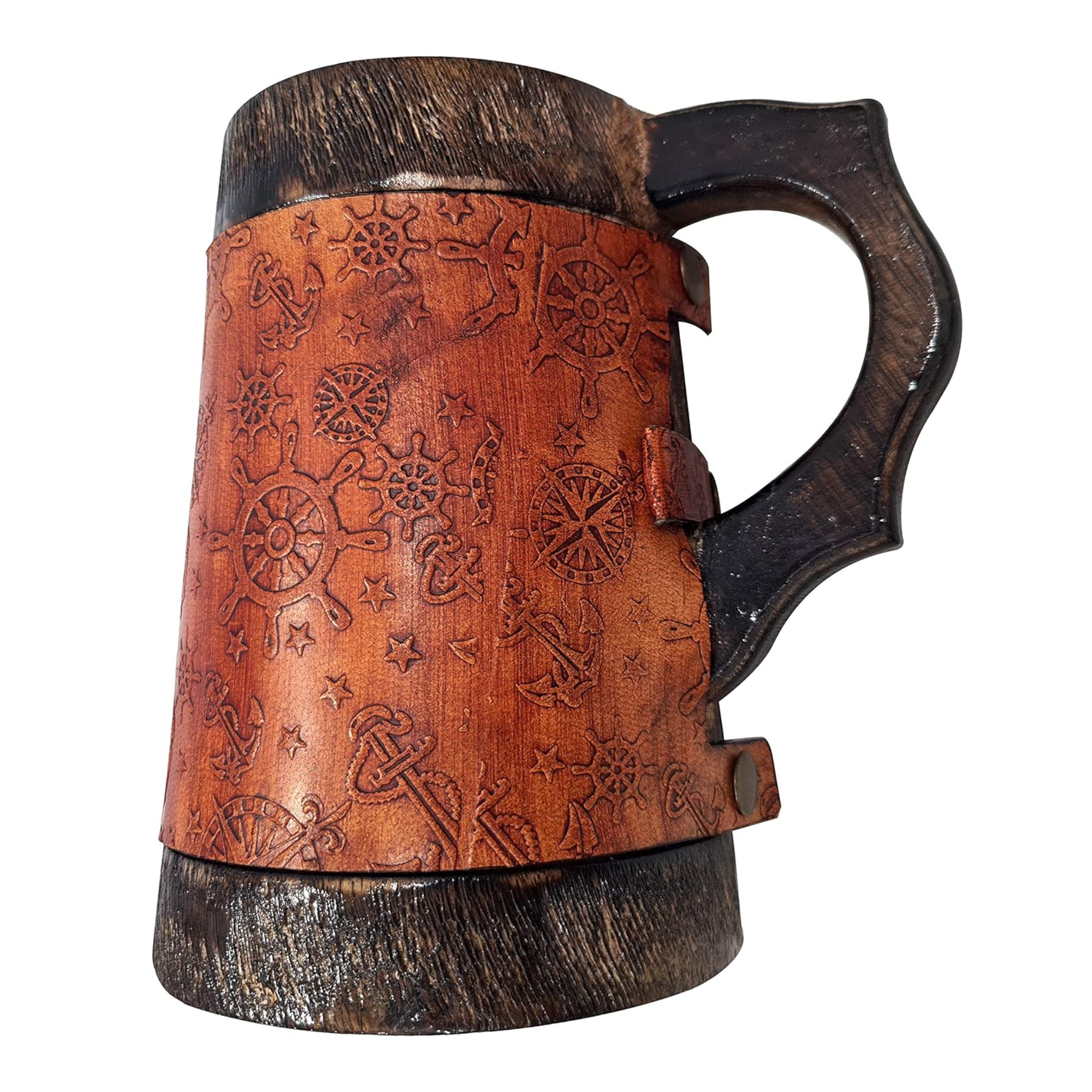 Wooden Mug with Leather Wrap - Hand-Carved Anchor & Ship Wheel Viking Tankard