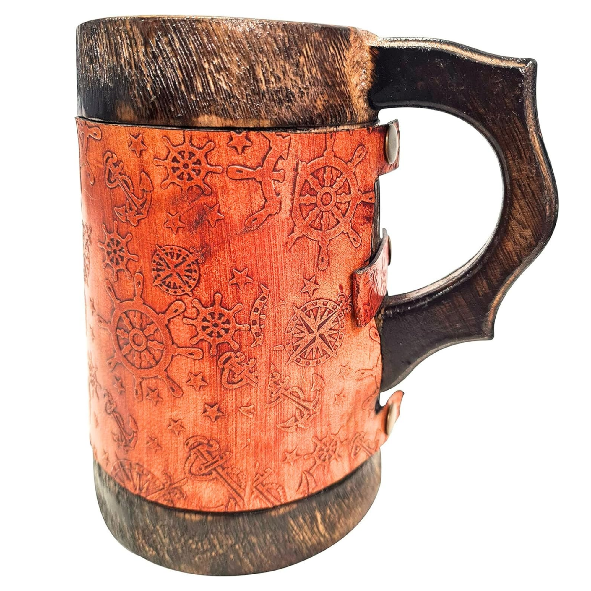 Wooden Mug with Leather Wrap - Hand-Carved Anchor & Ship Wheel Viking Tankard
