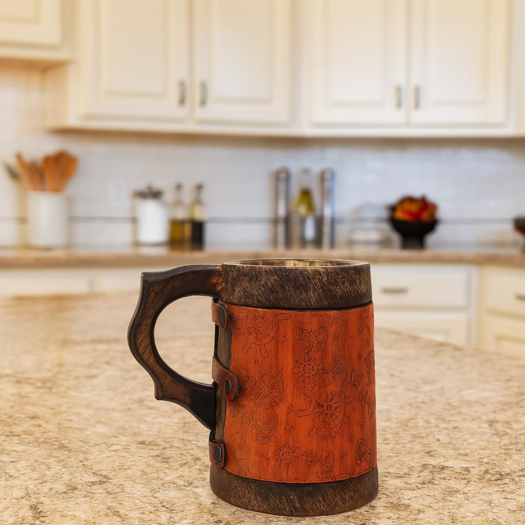 Wooden Mug with Leather Wrap - Hand-Carved Anchor & Ship Wheel Viking Tankard