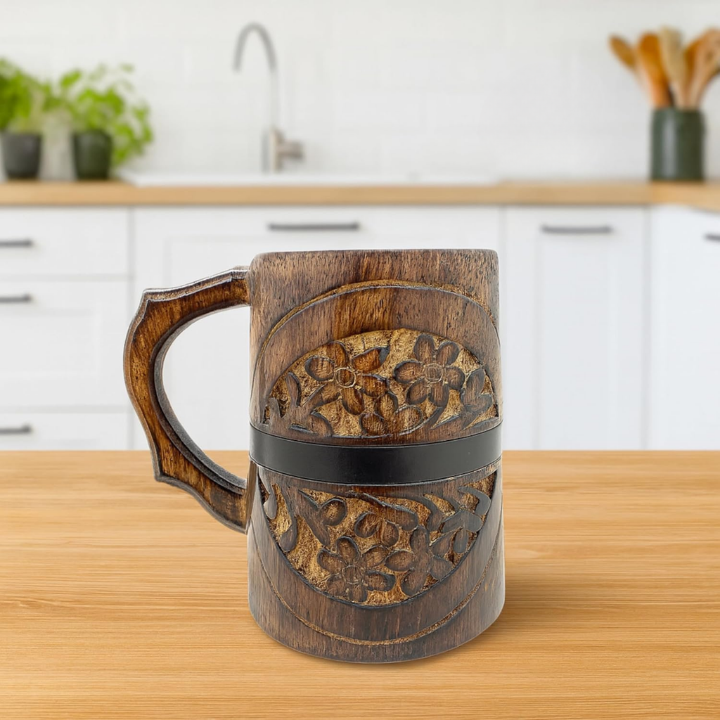 Handmade Wooden Barrel Style Tankard - Rustic Stein 400ml Vintage Drinkware