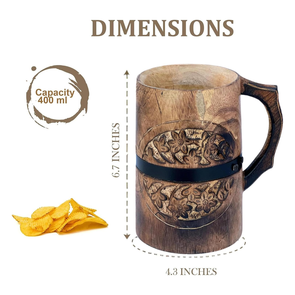 Handmade Wooden Barrel Style Tankard - Rustic Stein 400ml Vintage Drinkware