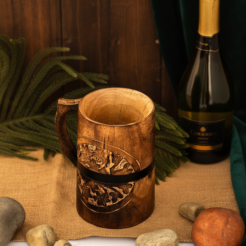 Handmade Wooden Barrel Style Tankard - Rustic Stein 400ml Vintage Drinkware