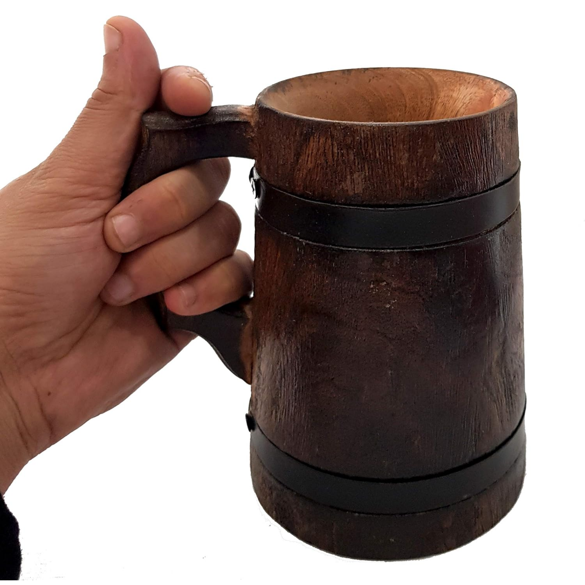 Handmade Wooden Viking Tankard Stein - Rustic Carved Drinkware 400ml