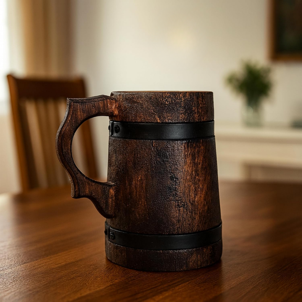 Handmade Wooden Viking Tankard Stein - Rustic Carved Drinkware 400ml