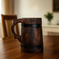 Handmade Wooden Viking Tankard Stein - Rustic Carved Drinkware 400ml
