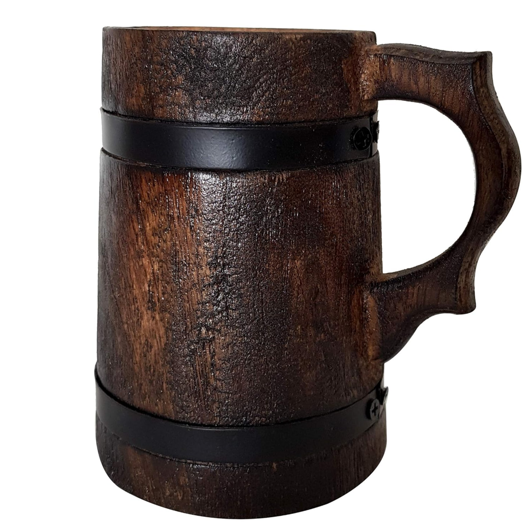 Handmade Wooden Viking Tankard Stein - Rustic Carved Drinkware 400ml