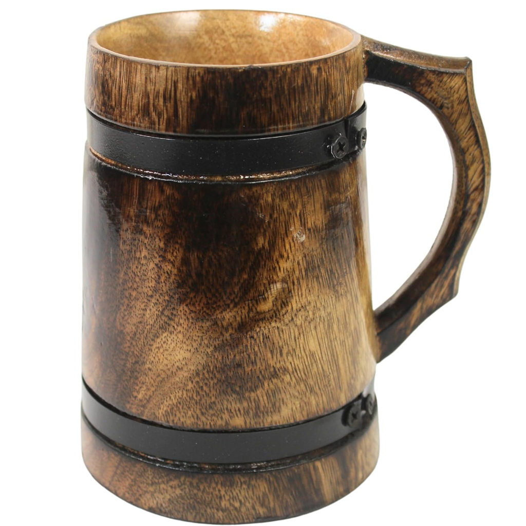 Handmade Wooden Viking Tankard Stein - Rustic Carved Drinkware 400ml