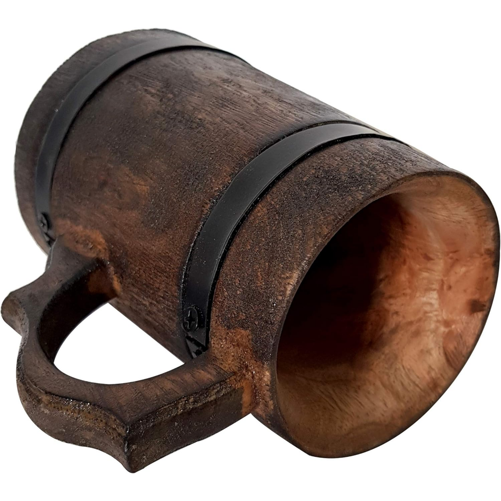 Handmade Wooden Viking Tankard Stein - Rustic Carved Drinkware 400ml